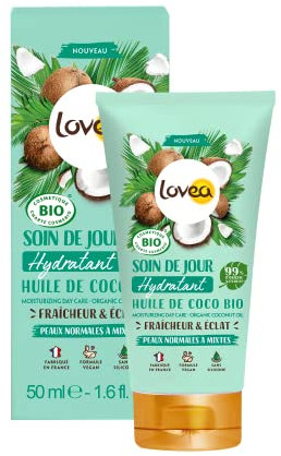 LOVEA - Soin De Jour Hydratant Visage - Huile De Coco Bio - Douceur & Eclat - Peaux Normales À Mixtes - 99% D'Origine Naturelle - Sans Silicone - Vegan - Certifié BIO - Fabriqué En France - 50 ml