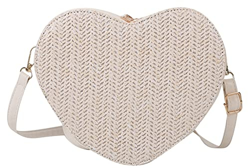 ALINUOYQ Damen Stroh-Clutch in Herzform, Rattan, gewebt, Sommer, Stroh, Strandtasche, Boho-Stil, Umhängetasche for Einkaufen, Urlaub, Reisen, weiß, 20.5x16.5x8cm