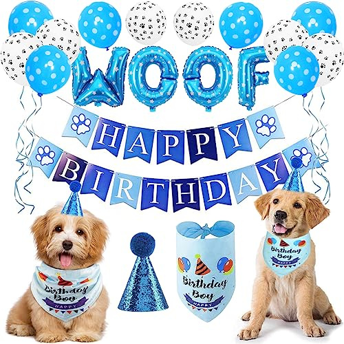 Hund Geburtstagsfeier Dekoration mit Hundehalstuch, Hund Geburtstag Bandana Hut Banner Set, WOOF Luftballons Alles Gute zum Geburtstag Banner Paw Print Luftballons für Haustier Dekorationen (Blau)