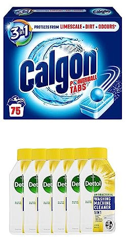 Calgon 4-in-1 Washing Machine Cleaner and Water Softener Tablets, 75 Count + Dettol Washing Machine Cleaner Lemon Breeze, Pack of 6 x 250 ml, Removes Limescale, Residue, Dirt, Odours & Rust