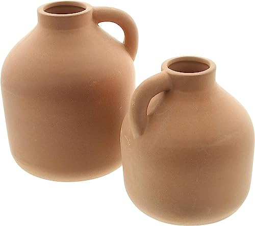 Dekoleidenschaft 2X Vase Tonkrug aus Terracotta, Blumenvase mit Henkel, Dekovase für Trockenblumen