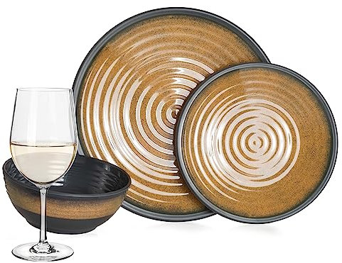 Vaisselle de camping en mélamine pour 4 personnes Stone Curry + 4 verres à vin Tiamo blancs