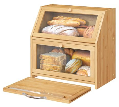 Vriccc Boîte à pain avec planche à découper, grande boîte à pain pour comptoir de cuisine, boîte à pain en bois de bambou (naturelle)