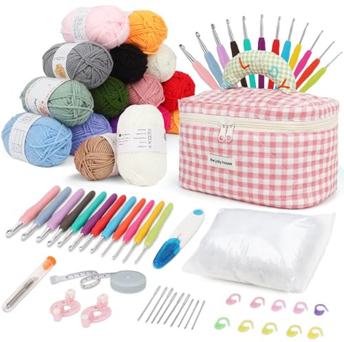 Aeelike Häkelnadel Set mit 16 Häkelgarn, Nützliches Starter Häkelset für Anfänger, Profis, 2,0-8,0 mm Ergonomische Weicher Griff Häkelnadeln Set, Rosa-weiß Karierte Häkel Set Häkeltasche, Häkelzubehör