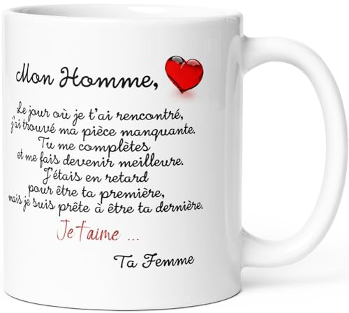 Mug Amour Mon Homme Tasse Message humour drôle Idée Cadeau Original pour Ami Mari Fiancé Copain Amoureux Collègue Femme Déclaration pour Anniversaire St Valentin Noël. Céramique 325ml