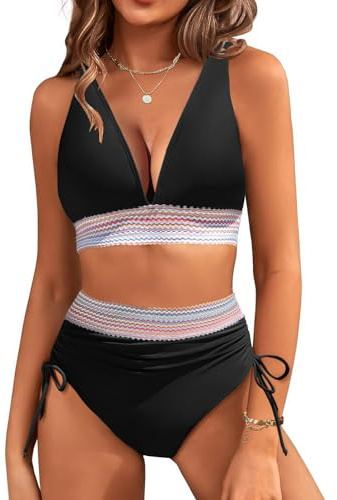 RITOSTA Costume da Bagno Donna a Vita Alta Due Pezzi Sexy Bikini Mare con Coulisse Costumi Push up Imbottito Scollo a V Reggiseno Swimwear Abiti da Spiaggia Tankini Estiva Beachwear (Nero,XXL)