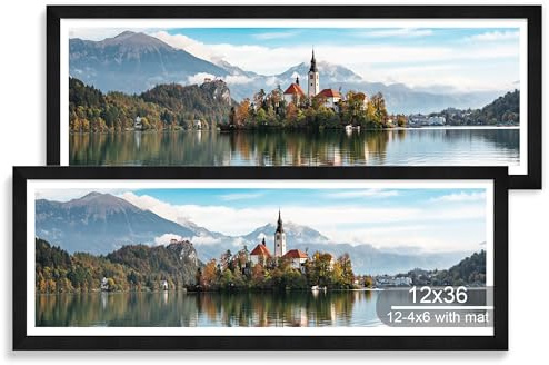 Hongkee 12x36 Picture Frame 2 Packs, Real Glass and Rustic Black Wood Frame, Display Collage Pictures Twelve 4x6 With Mat or Pennant 12 x 36 Without Mat - Horizontal or Vertical Wall Mounting