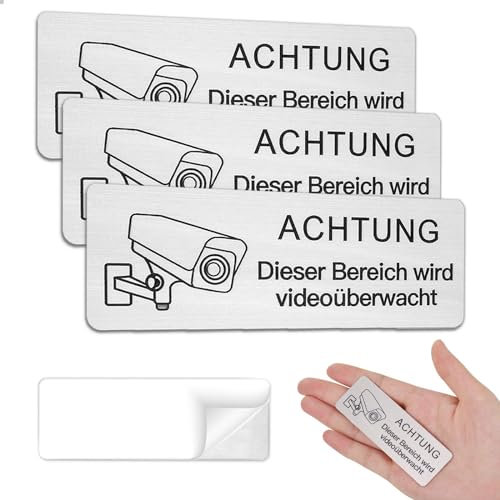 Kabwea 3 Stück Schild Videoüberwachung, 8.5x3 cm Selbstklebend Aluminium Schild Warnschild, Videoüberwachung Aufkleber，Hinweisschild Achtung Videoüberwachung