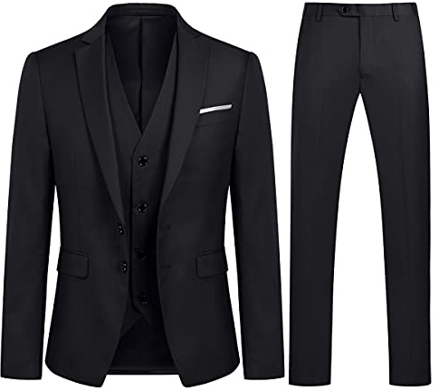 YOUTHUP Mens Slim Fit 3 Piece Suit 2 Button Business Wedding Suits Tuxedo Blazer Waistcoat Trousers, Black, XXL