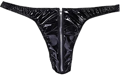 Mens Underwear, Metallic Briefs wiht Zip Front Open Elephant Pouch G-Strings & Thongs Sexy Underpants Erotic Lingerie Low Rise Dancewear Clubwear for Stag Do Fancy Dress Costume Black