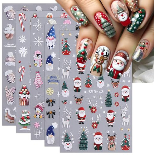 JMEOWIO Nagelsticker Weihnachten 6 Blatt Nail Art Sticker Selbstklebend Nagelaufkleber Schneeflocke Winterurlaub Niedlich Dekoration Nageldesign Zubehör