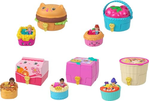 Polly Pocket Minipuppen und Schatullen mit Spielzeugautos, Fahrzeugkollektion mit dem Thema Essen, Tiny Take Out Reveal-Sortiment mit Überraschungen, JCR44