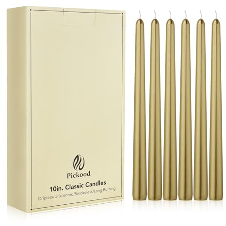 Pickood New Burning Formula Unscented Dripless 10-Inch Taper Candles Set of 12 - Gold, for Wedding, Dinner - Smokeless, Long Burning - Hand Poured, Colored Tall Candlesticks - Oro