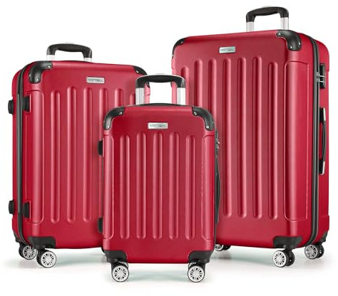 MERISH Reisekoffer Koffer Kofferset Trolleys Zwillingsrollen 3tlg. Hartschale in 9 Farben (Rot, Set)