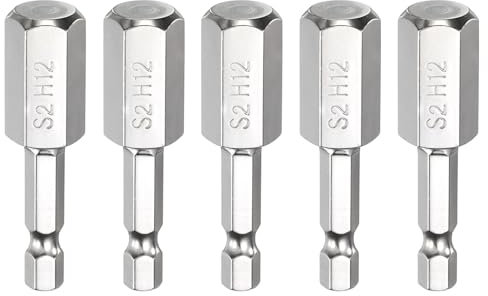 sourcing map Lot de 5 embouts de tournevis à tête hexagonale H12 de 12 mm, pointe plate métrique de 6,35 mm, tige hexagonale de 50 mm de long, clé hexagonale magnétique, clé à douille plaquée chrome