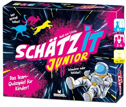 Moses. Schätz it JUNIOR, kooperatives Schätzspiel für Kinder ab 8 Jahren, Team-Quizspiel mit 100 Schätzfragen in 3 Schwierigkeitsgraden, Familienspiel für 2-6 Spieler, White