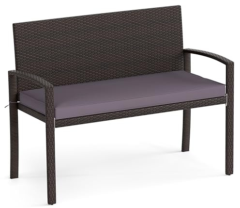 COSTWAY Rattan Garden Bench, 2 Seater Wicker Leisure Loveseat with Soft Seat Cushion, Outdoor Furniture Patio Yard Park Bench Weave Lounger Chair Seats (Gray)