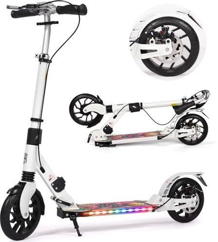 H.yeed Kick Scooter for Teens & Adults, 200mm Big Wheels Foldable Scooter for Kids Ages 8-12, Adult Scooters with LED Light-Up Deck, 4-Height Adjustable, Disc Brakes (White-L)