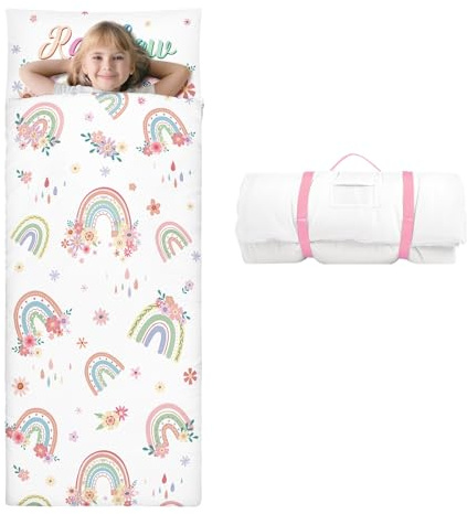 Sac de Couchage Chaud pour Enfants avec Oreiller Amovible, Tapis de Sieste Pliable pour Filles et Garçons, Couverture de Sieste avec Double Fermeture Eclair pour Camping Ecole Garderie, Arc-en-Ciel