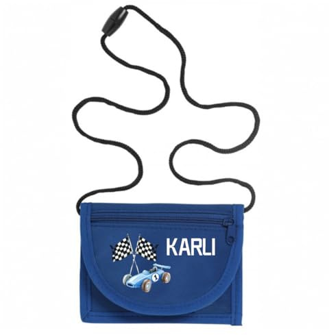 minimutz Portefeuille pour garçon et enfant personnalisé avec nom, sac tour de cou avec voiture de course (bleu roi)