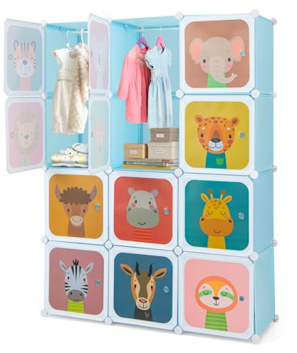 HOMFME Meuble Rangement Enfant, 109x35x145 CM, Armoire Bebe avec 12 Cubes & 2 Sections Suspendues, Rangement Jouet Enfant Motif Animaux，Armoire Chambre Bébé pour Vêtements Chaussures (Bleu)