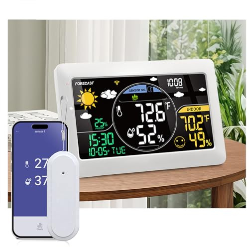 Estación meteorológica inalámbrica de 7,9 pulgadas con sensor exterior, pantalla VA DCF, pantalla a color de 20 cm, con temperatura interior y exterior, 24 horas, control de alimentación, aplicación