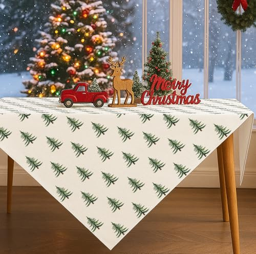 JANGYUHH Grün Weihnachten Tischdecken Abwaschbar Weihnachtsbaum Weihnachtsdeko Quadrat 100x100 cm leinenoptik Tischtuch Tischwäsche Wohnzimmertisch Table Cloth Christmas Party