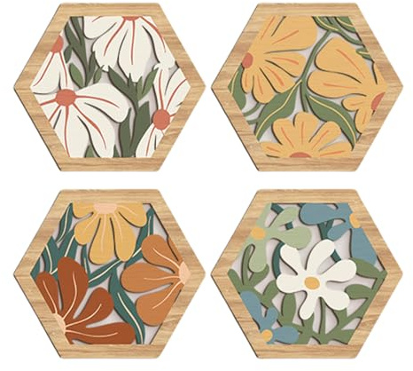 Dayysiuy Holz Wanddekoration, Rustikale Wanddekoration Boho Holz Kunst, 4 Teile Moderne Geometrische Durchbrochene Zierde Für Wohnzimmer Esszimmer Bücherei