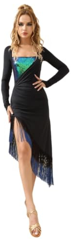 ROYAL SMEELA Vestido De Baile Latino con Flecos para Mujer Vestidos De Salsa Lentejuelas Ropa Danza Rumba Samba Tango Manga Larga Negro Adulto