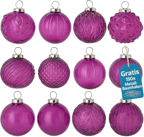 Weihnachtskugeln Glas 12er Set – Premium Christbaumkugeln 8 cm Handbemalt Glaskugeln für Weihnachtsbaum Adventskranz Inkl. 150 Metall-Baumhaken - Lila 00208