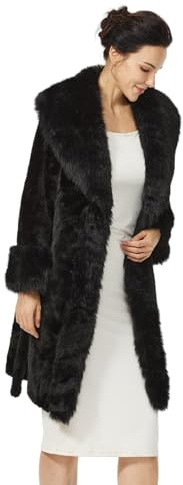 BEAUTELICATE Women’s Faux Fur Lapel Coat Mid-length Belted Lined Overcoat Oversized Loose-fit Fluffy Winter Outerwear With Pockets Hooks Closure Black, M