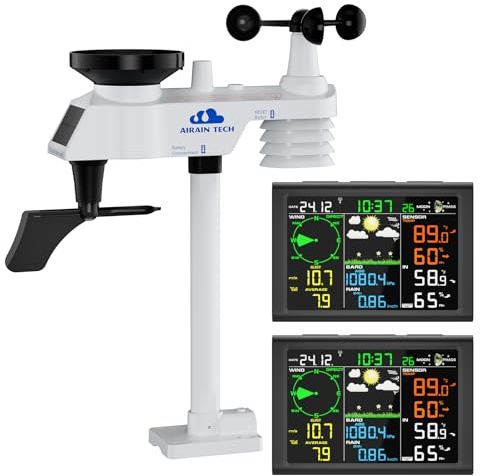 AIRAIN TECH 10-in-1 Wireless Weather Station with Dual Display, Outdoor Sensor, Rain Gauge, Atomic Clock, Wind Speed, Indoor Temp/Humidity, Barometric Pressure,etc (No WiFi)