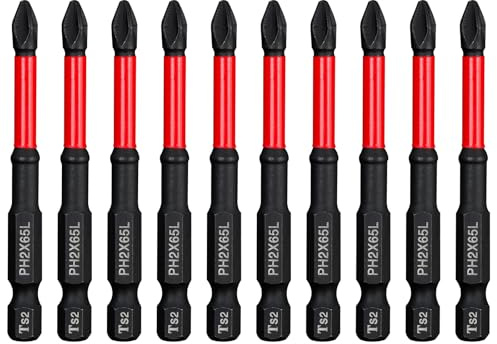 Embouts PH2 10 Stück 65mm Cruciformes Magnétique 6,35mm (1/4) Antidérapant | Tige Hexagonale, pour Tournevis à Choc, Acier S2, avec Étui de Rangement, Impact