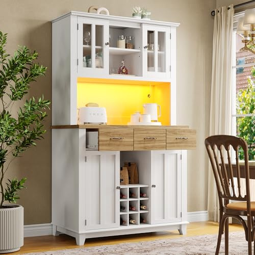 Mobile da cucina moderno con illuminazione a LED e scaffale per vino a 9 bottiglie, versatile in MDF con ripiani regolabili, portata 60 kg (106 x 40 x 179,5 cm, 3 pacchetti, facile da montare)