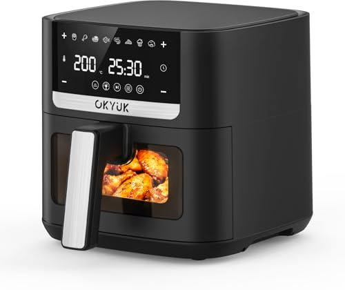 OKYUK Air Fryer 6L, Friteuse Huile 8-en-1 avec Fenêtre de Visualisation, 1200W avec Ecran Tactile Digital, Réglable 80-200°C, 90% de Matières Grasses en Moins, Nettoyage Facile