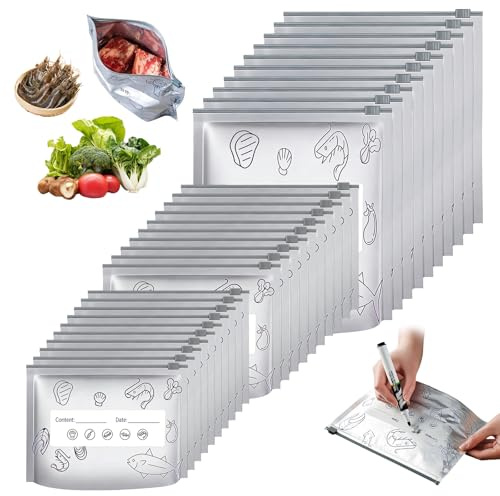 Junrvivy 120 Stück Gefrierbeutel Zipper, Wiederverwendbare Verschließbare Aufbewahrungsbeutel aus Aluminiumfolie, für Fleisch Meeresfrüchte Gemüse Lebensmittellagerbehälter