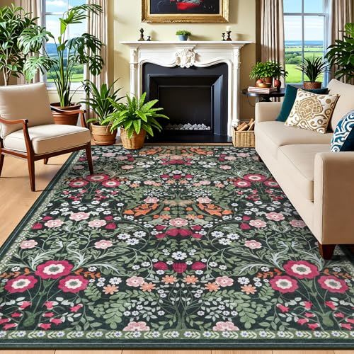 IMIYOKU Teppich Wohnzimmer 160×230cm Waschbarer Teppiche mit Blumenmuster Boho Vintage Kurzflor Carpet Weich Antirutsch Teppich Beige Rugs for Living Room Schlafzimmer Esszimmer