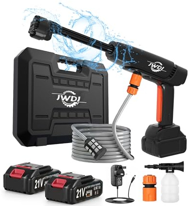 Jwdj Portable Cordless Pressure Washer - 2 Pack Batteries 1200PSI 336l/h Cordless Power Washer Battery Operated with 6-in-1 Nozzle, Adjustable Foam Cannon for Car Garden