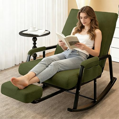 BYGSBKDP Rocker Chair with Footrest, Adjustable Backrest Nursing Chair, with Corduroy Upholstered, Side Pocket, Metal frame, Comfy, Durable for Living Room Bedroom Nursery (Greens)