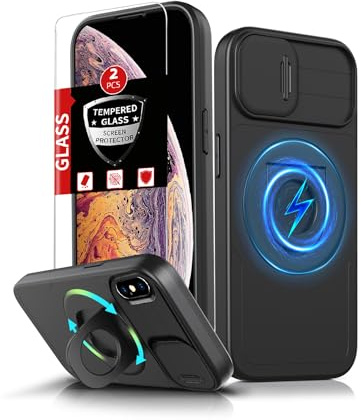 FRLMOOES for iPhone Xs Max Case Magnetic,with Kickstand Ring + Camera Cover | Compatible with MagSafe Wireless Charging,with 2 Screen Protectors,Anti-Scratch Shockproof Heavy Duty Protection Phone,Black