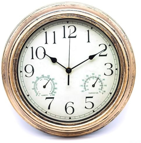Horloge murale 30,5 cm avec thermomètre et hygromètre intégrés, look vintage pour jardins et espaces extérieurs (bronze doré)