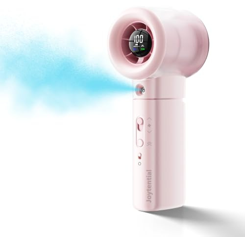 Joytential Ventilador Portátil con Nebulizadorde, Turbo Ventilador de Mano Potente con Pulverizador de Niebla, Velocidad 1-100, USB Recargable, Ventilador Personal para Al aire libre, Viajes, Rosa