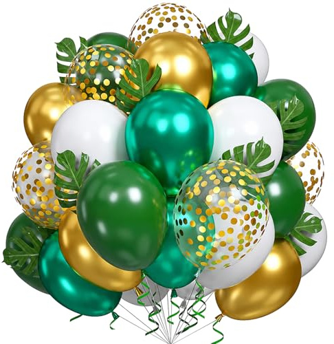 Set di palloncini decorativi per compleanno con giungla, colore verde, oro, bianco, con foglie di palma, coriandoli e palloncini metallizzati, decorazione per feste di bosco