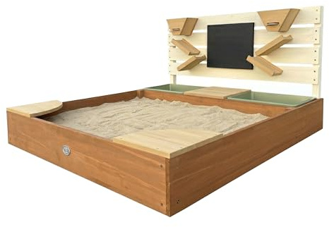 AXI Cato Sandkasten aus Holz mit Behältern für z.B Wasser, Stauraum, Kreidetafel & Spielwand - Beige und Braun | Sandkasten inklusive Trichter | Mit Plane & Bodentuch | 105x100x58,5 cm