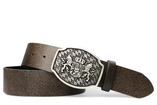 FRONHOFER Trachtengürtel Herren Ledergürtel Echtleder 4 cm, Koppelschnalle bayerisches Wappen 7,5 x 5,5 cm, Lederhosen Gürtel Druckknopf, Bundweite 95-125 cm, Oktoberfest, Made in Germany