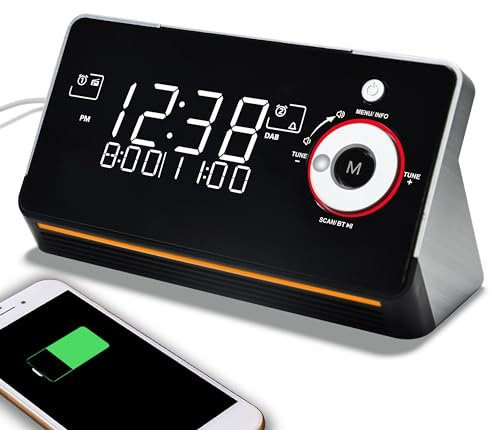 iTOMA FM/DAB(DAB+, UKW, Uhrenradio) Radiowecker mit USB-Ladeanschluss, Bluetooth Stereo Lautsprecher, Kopfhörerbuchse, Dual Alarm, Snooze, Dimmbare LCD-Anzeige 729