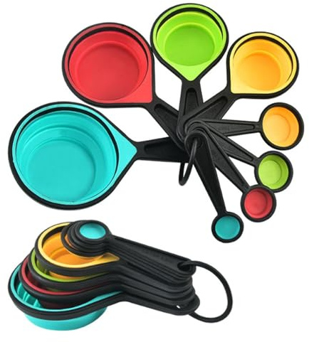 VBQFDPH Juego de tazas y cucharas medidoras plegables, 8 piezas, silicona, ajustables para cocina, camping