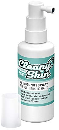 Cleany Skin, steriles Piercing Spray punktuelle Benetzung, 360°, 50 ml (Reinigungsspray für Piercings, steril!) QR Code für Multi Sprachen (DE, EN, FR, GR, IT, ESP, TUR)
