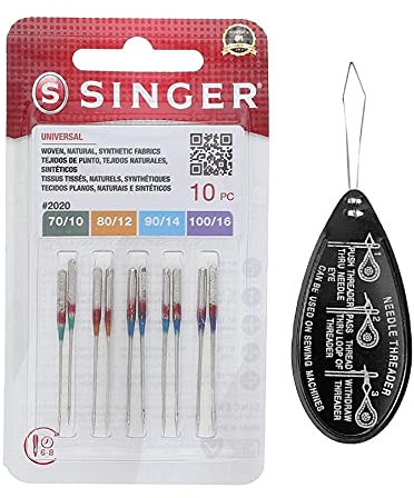 Singer Universal 2020 Nähmaschinennadeln, 10 Stück, verschiedene Größen 70/10, 80/12, 90/14 & 100/16, inklusive großem Nadeleinfädler