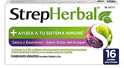 StrepHerbal Saúco y Equinácea con Vitamina C y Zinc para el sistema Inmunitario, Sabor Frutas del Bosque - 16 pastillas para chupar